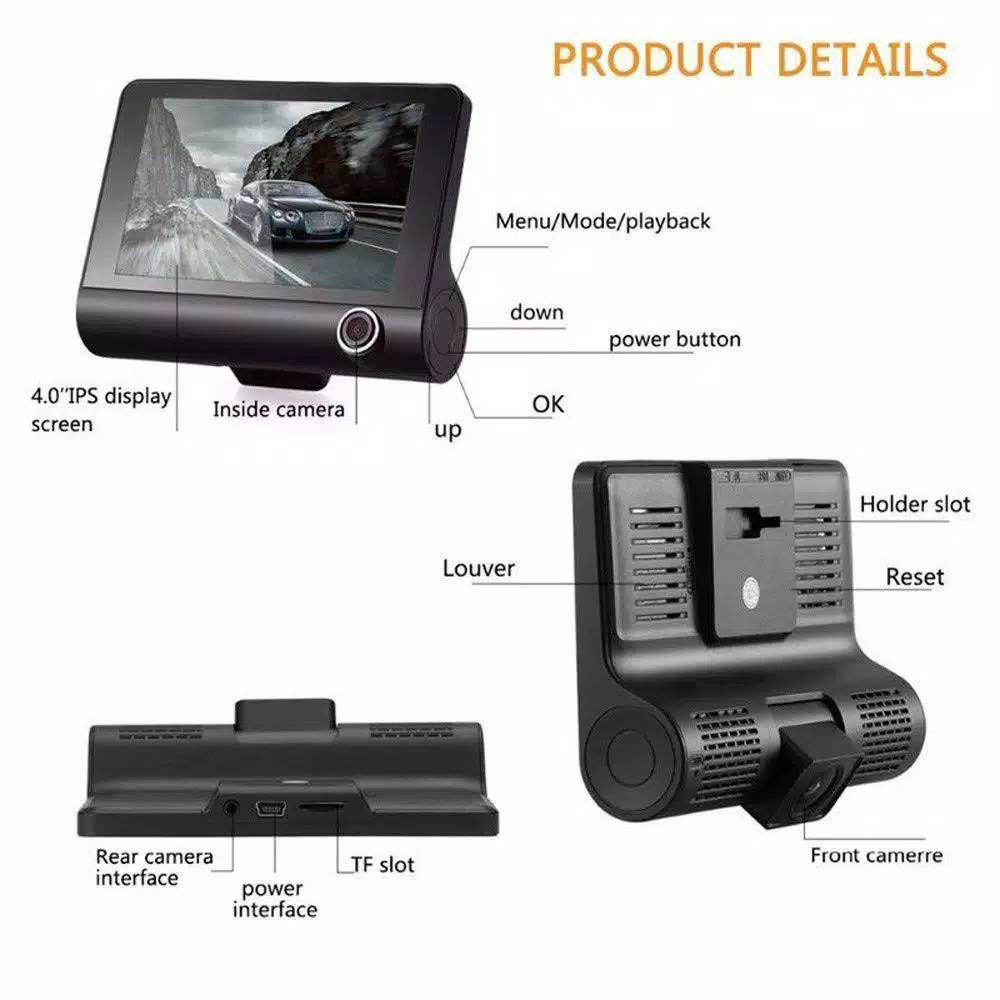 Triple cam 3 lensa camera car DVR cctv alar perekam mobil layar monitor 4&quot; kamera Blackbox