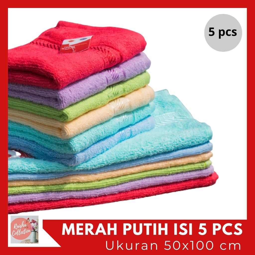 RC HANDUK MANDI MERAH PUTIH TANGGUNG PAKET ISI 5 WARNA UKURAN 50X100cm