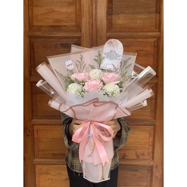 Buket Bunga Palsu Rose mix Pompom - Buket wisuda/ Ultah/ Anniversary Murah