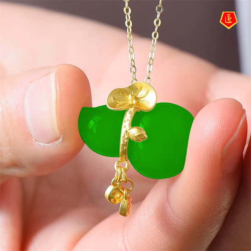 [Ready Stock]Hetian Jade Gourd Pendant Retro Gold Inlaid with Jade Chinese Style