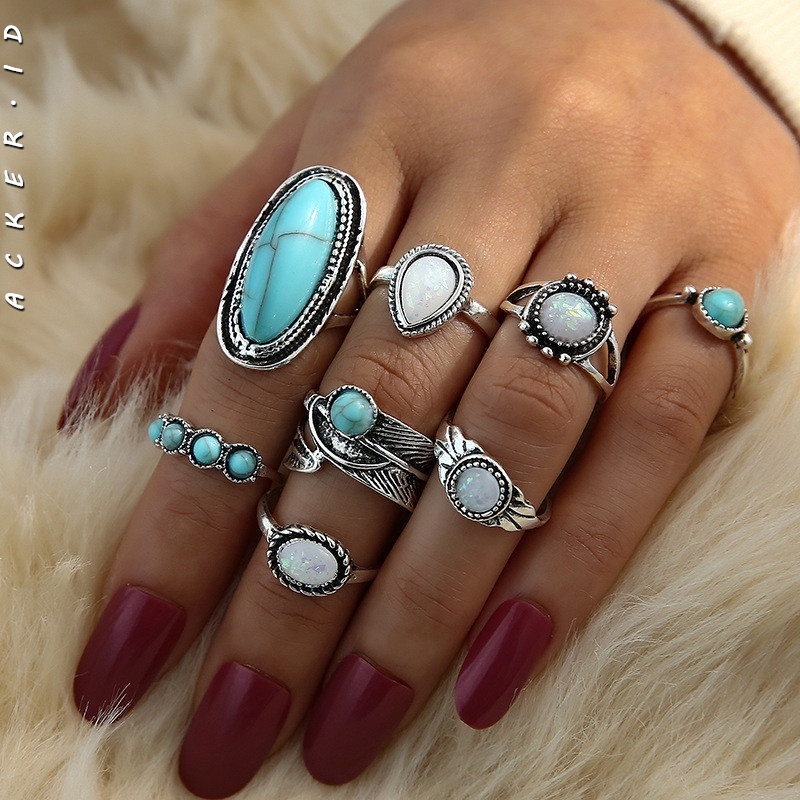 8pcs / Set Cincin Desain Ukiran Bulu Aksen Turquoise Gaya Bohemia Untuk Wanita