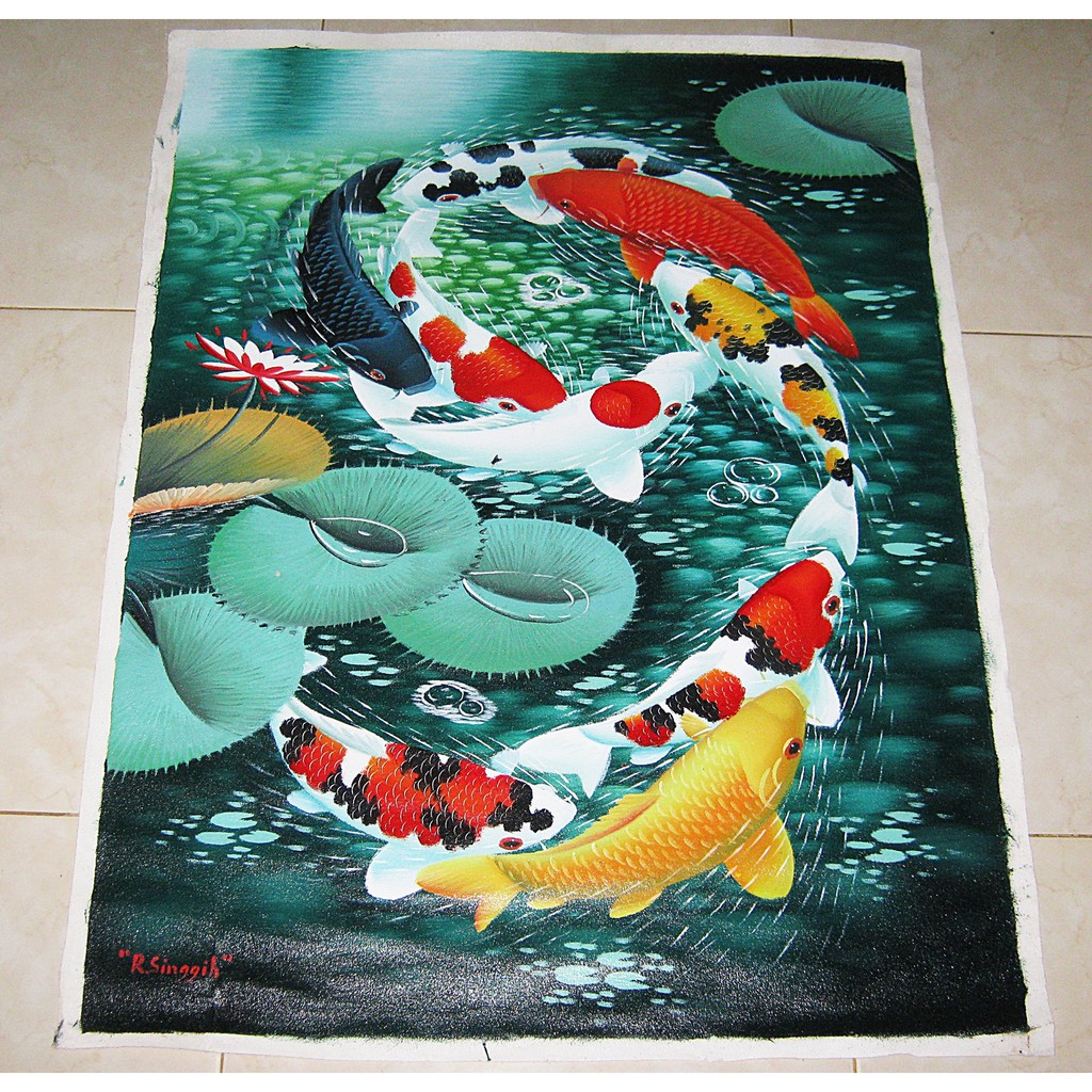 Lukisan Feng Shui Ikan Koi Berbentuk Angka 9 Nuansa Background Hijau Tua
