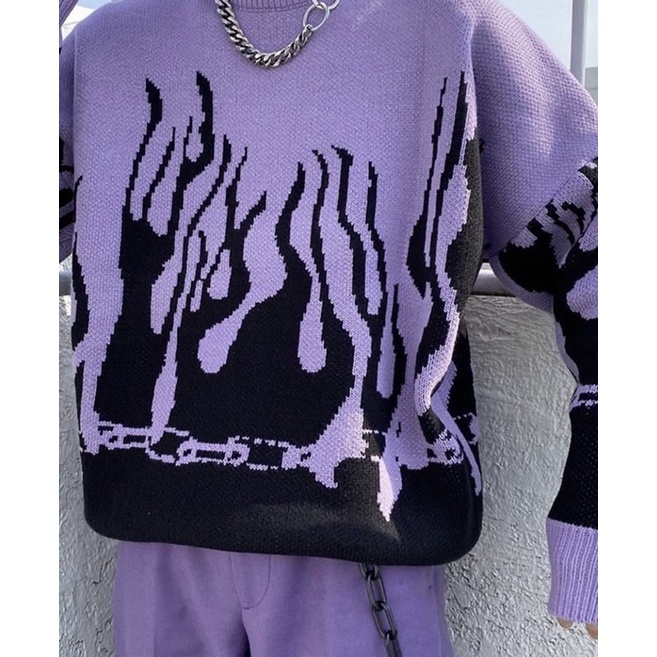 OVERSIZED SWEATER FLAME PURPLE SWEATER API WARNA UNGU SWEATER AESTHETIC REALPICT