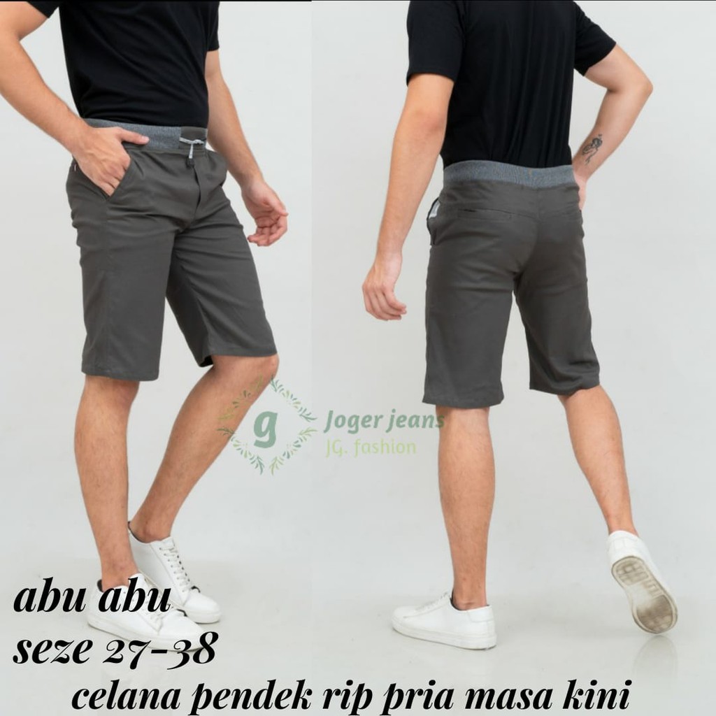 Celana Pendek Pria Pinggang Kolor RIP Bahan Katun Stretcth Polos Hitam Krem Abu Moca 27-38-/.