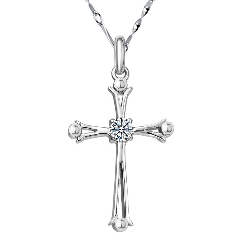 Kalung Rantai Klavikula Dengan Liontin Salib Yesus Kristen Bahan Stainless Steel Untuk Wanita