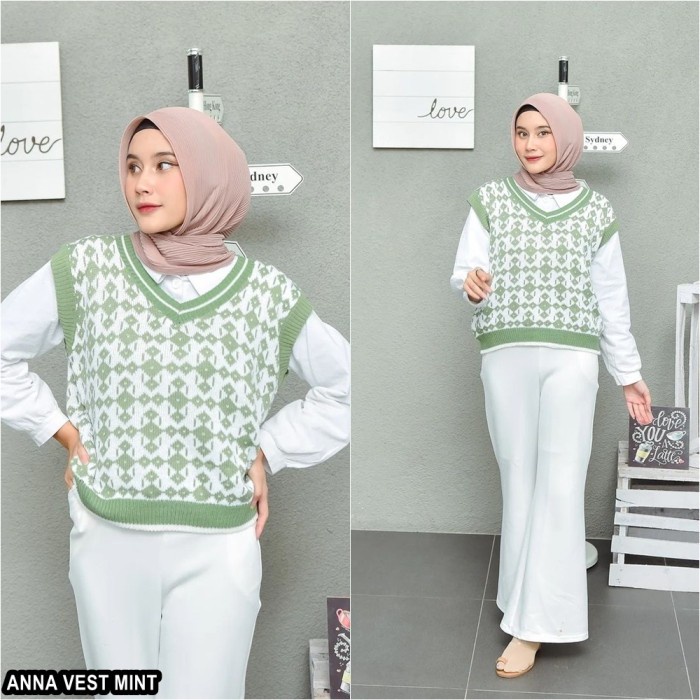 Baru Rompi Rajut Wanita ANNA VEST Korea Motif Batik Hijab Muslim Terbaru - MINT