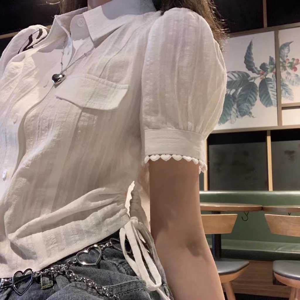 Red Desain Kaos Putih Wanita Crop T-Shirt Wanita Sense Kecil Perancis Bubble-Sleeve Strap Lengan Pendek