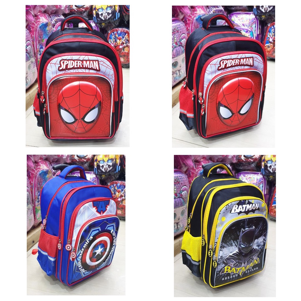 Tas Dorong Troli Anak Cowok SD Karakter SUPERHERO BATMAN SPIDERMAN AVENGERS - 4 KANTUNG IMPORT