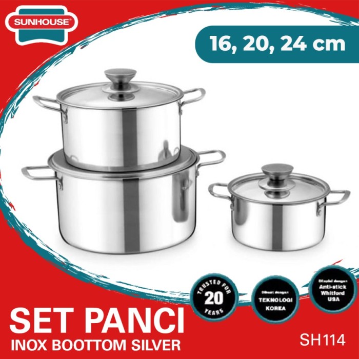 SUNHOUSE Set Panci Inox Bottom Silver 16, 20, 24 cm (1 Set) - SH114