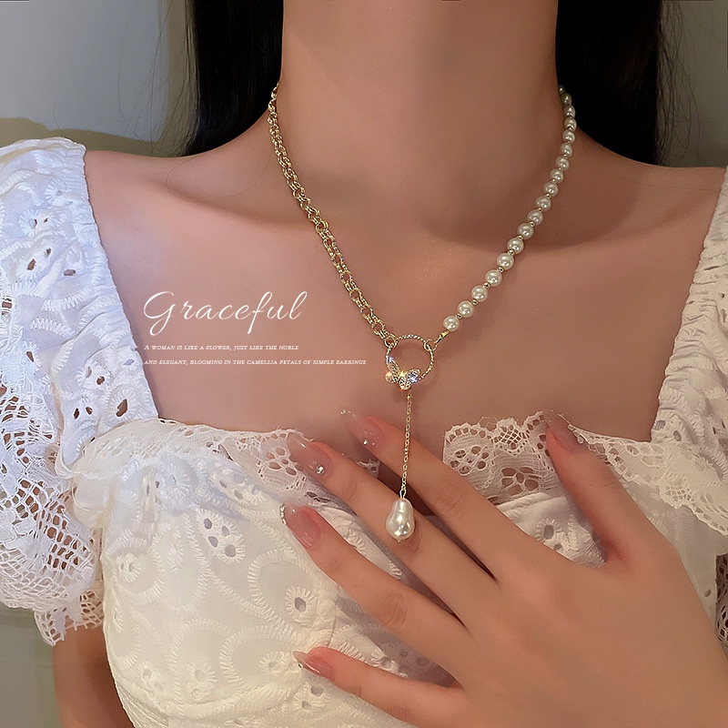 IFYOU Kalung Choker Rantai Multilayer Desain Kupu-Kupu Aksen Mutiara Gaya Korea Untuk Wanita