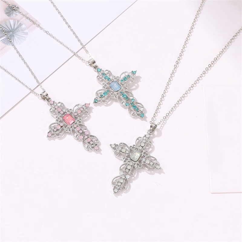 925 Sterling Silver Cross Pendant Inlaid Blue Crystal Diamond Necklace Women Jewelry Bride Wedding Accessories