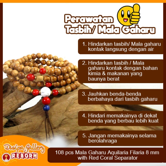 Tasbih / Mala Buddha 108 Kayu Gaharu Merauke 8mm with Red Coral