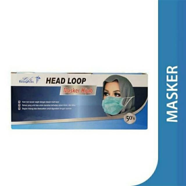 Masker medis 3ply wajah/hijab headloop 1 box isi 50pc 3ply
