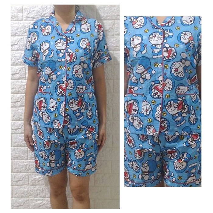 STDR185 - Setelan Pendek Katun Jepang Doraemon Bell Soft Blue