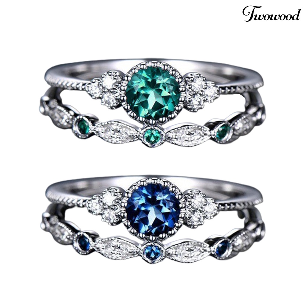 Twowood 2Pcs Engagement Rings Geometric Green Cubic Zirconia Ladies Sparkling Exquisite Finger Rings Jewelry Accessories