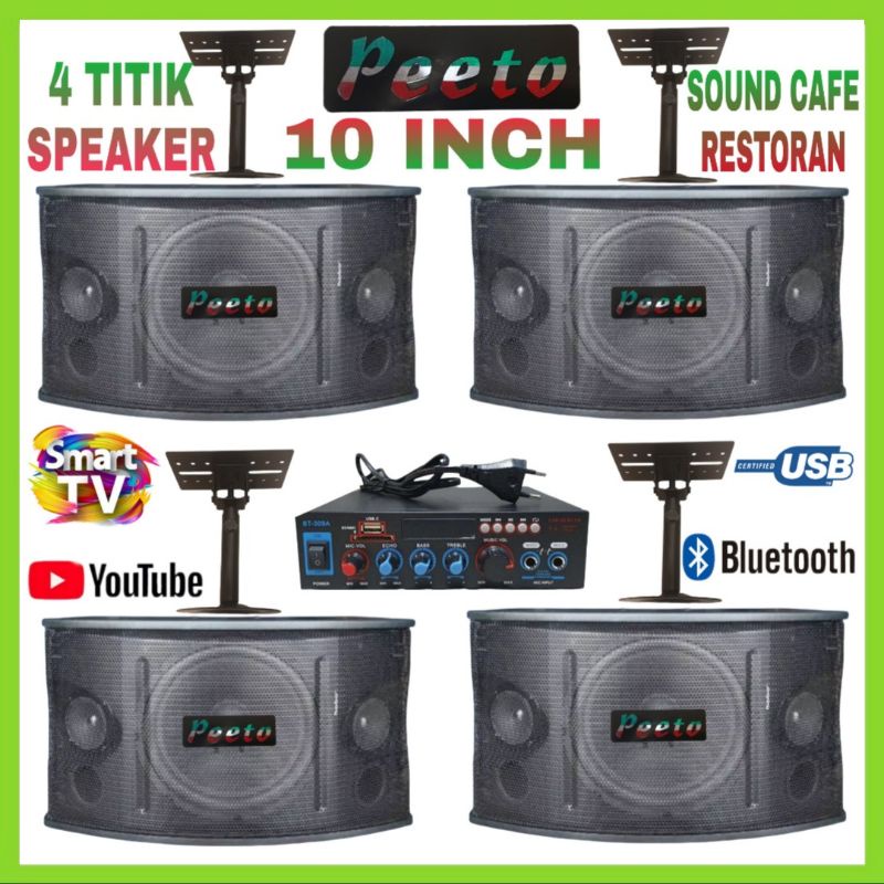 Paket Sound PEETO 10 Inch  Cafe Dan Restoran 4 Titik Speaker Gantung Ampli Bluetooth - Free Kabel 100 Meter