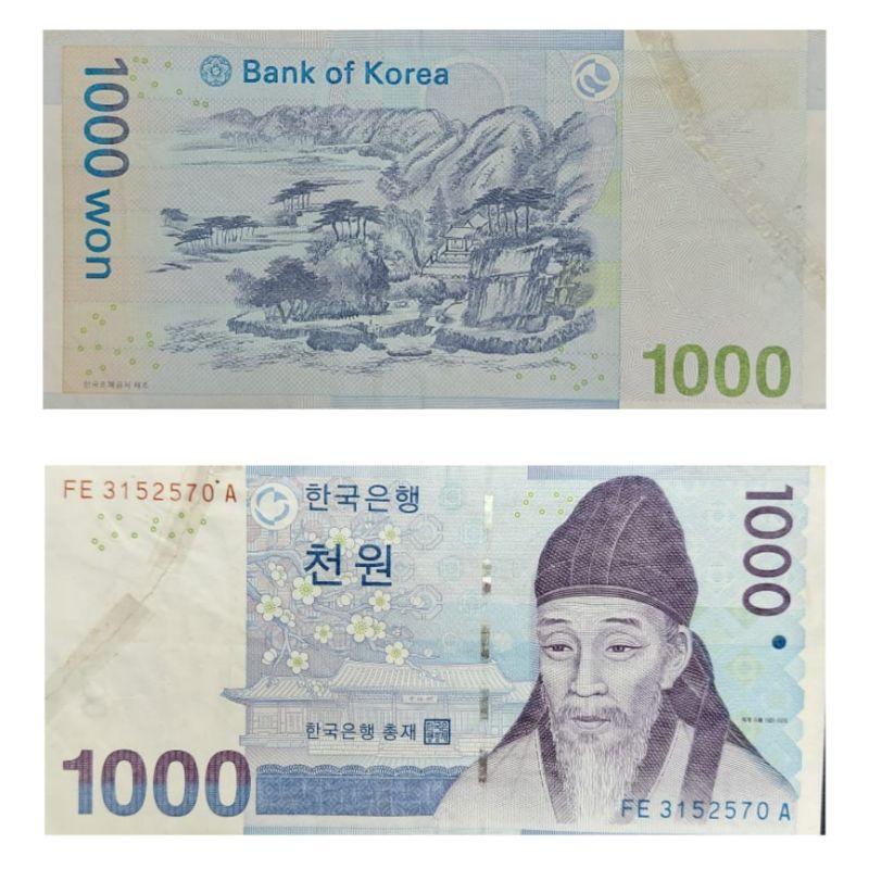 Uang Asing Negara Korea Selatan 1000 Won Tahu 2010 Kondisi Kertas renyah Original 100%