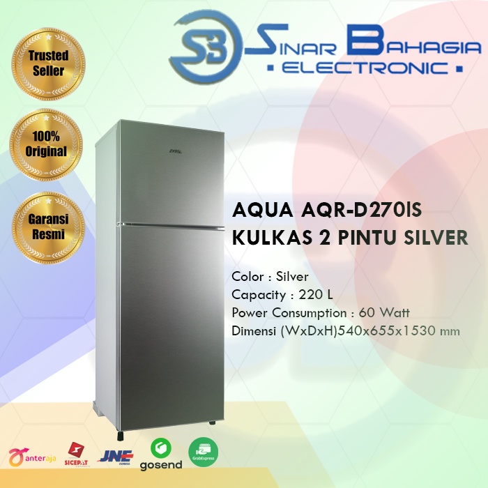 AQUA AQR-D270DS / LS KULKAS 2 PINTU HITAM / SILVER (NEW) (KHUSUS BANDUNG)