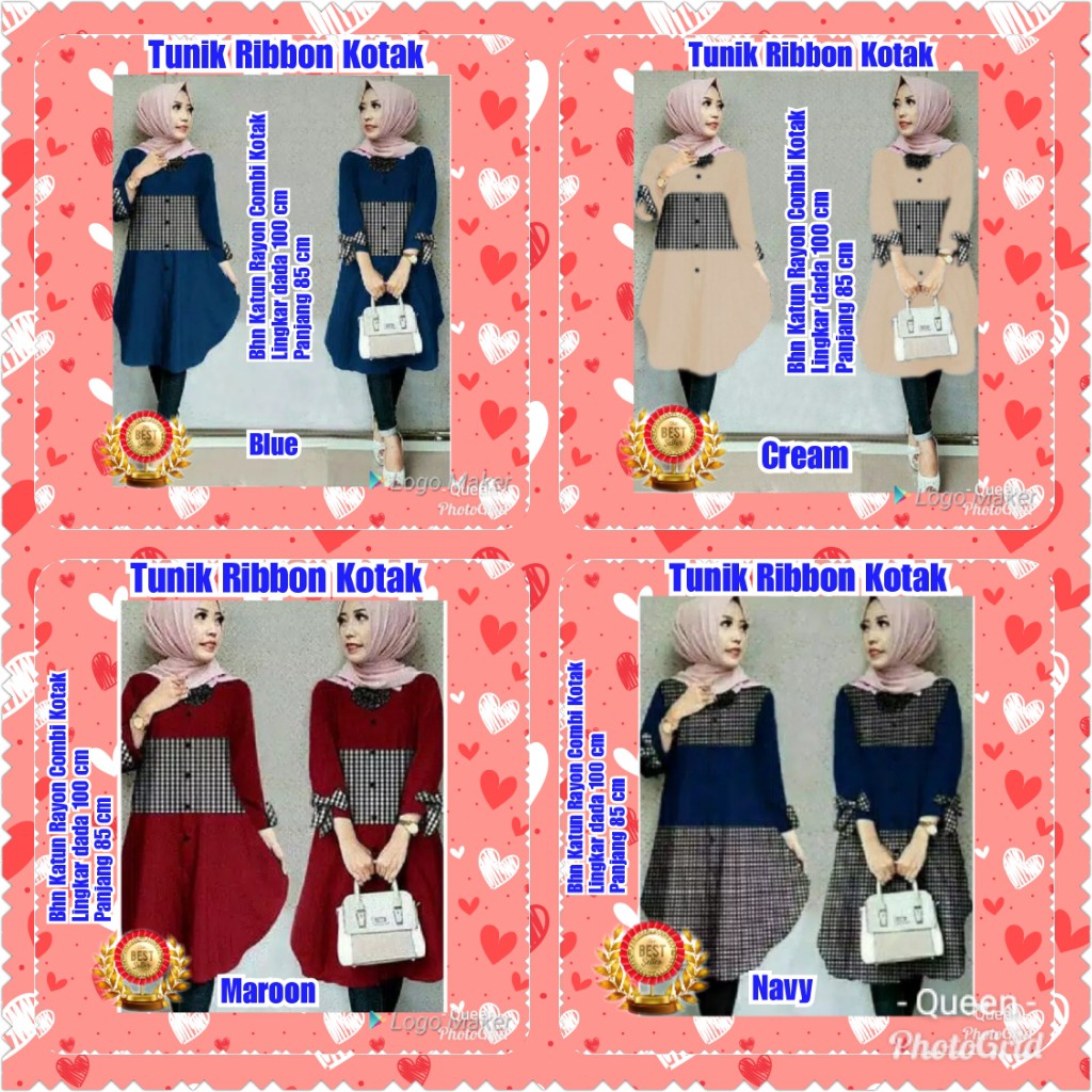 TERMURAH TUNIK RIBBON KOTAK BLUE/CREAM/MAROON/NAVY/MUSLIM/KONDANGAN/PESTA/TERMURAH