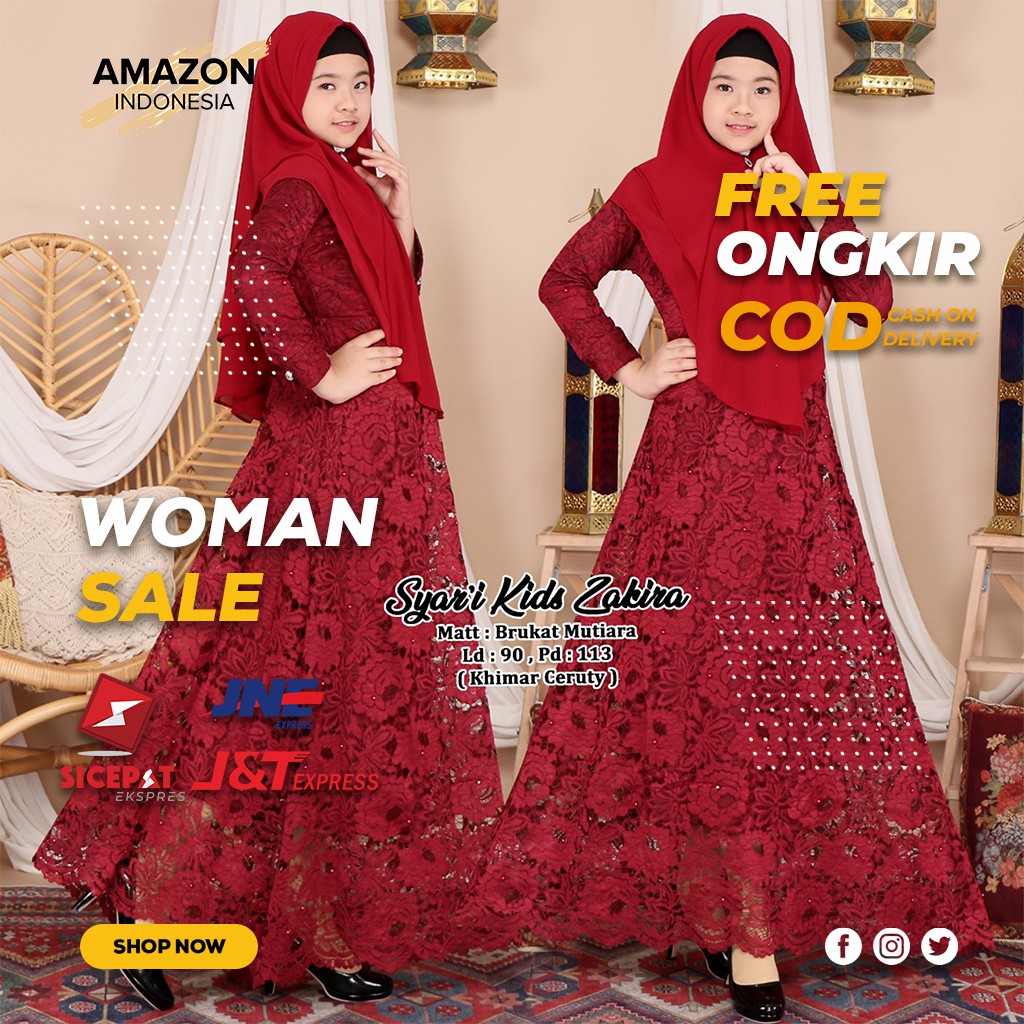 PAKAIAN MUSLIM ANAK PEREMPUAN WARNA MAROON BAHAN BRUKAT MUTIARA ORIGINAL BEST QUALITY FULL LURING