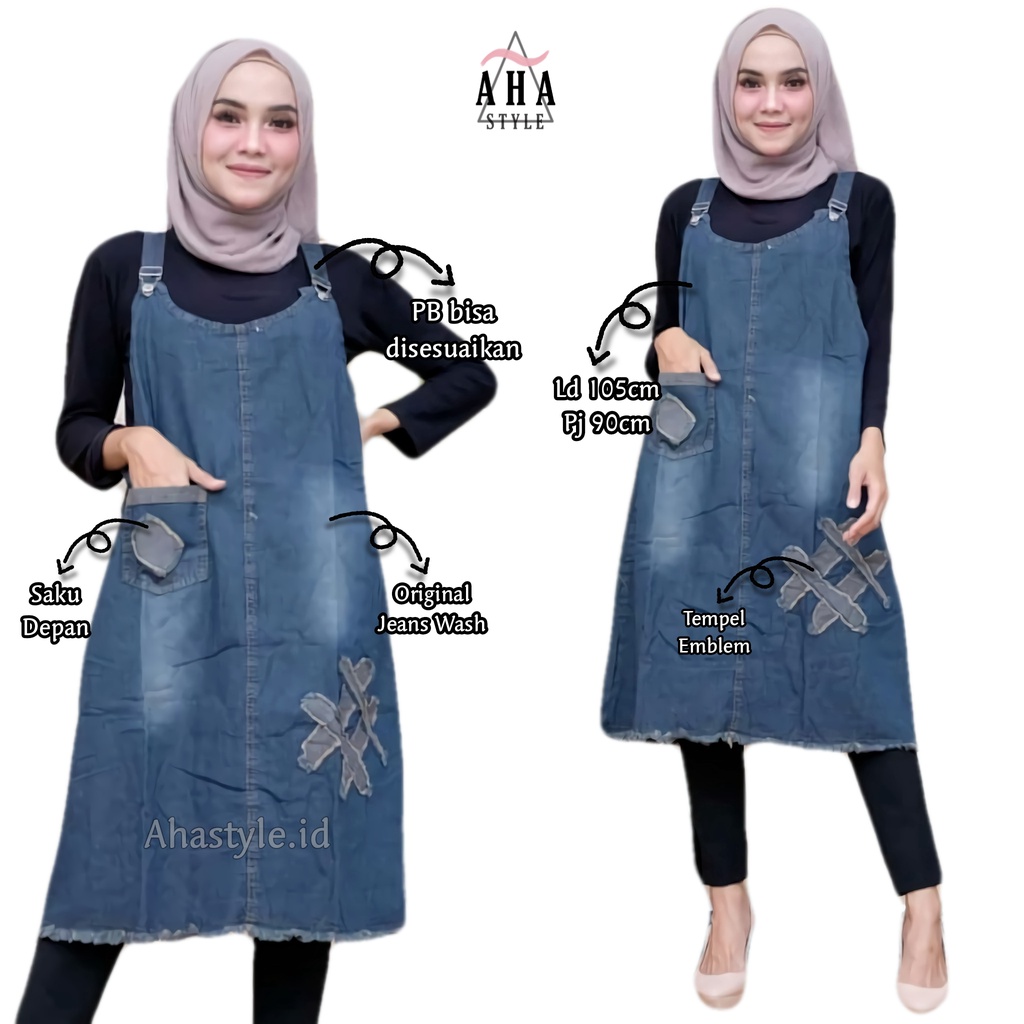 Baju Kodok Overall Dress Jeans Wanita Bordir Tempel Kekinian Gauni Overall Terbaru Allsize