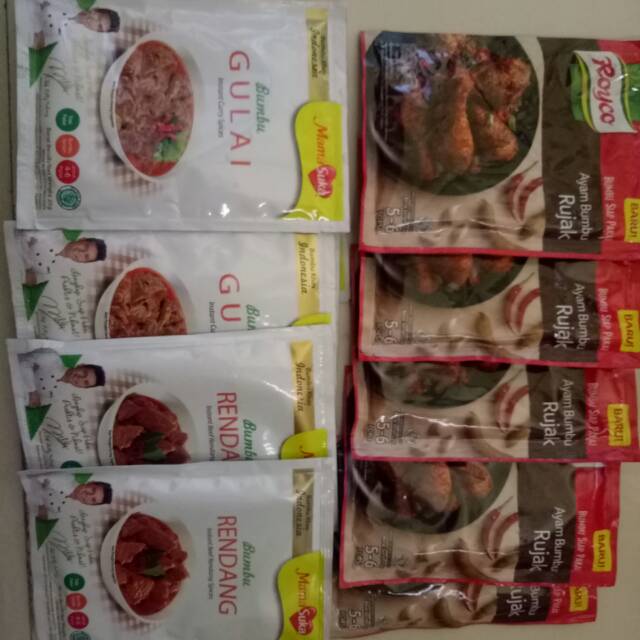 Aneka bumbu masakan instan. Mamasuka varian gulai.  Royco ayam bumbu rujak