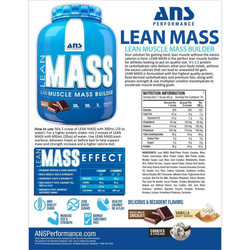 Image of ANS Performance Lean Mass 5 Lb Mass Gainer untuk Bulking Kering 30 gr Protein 30 gr Carbohidrat #3