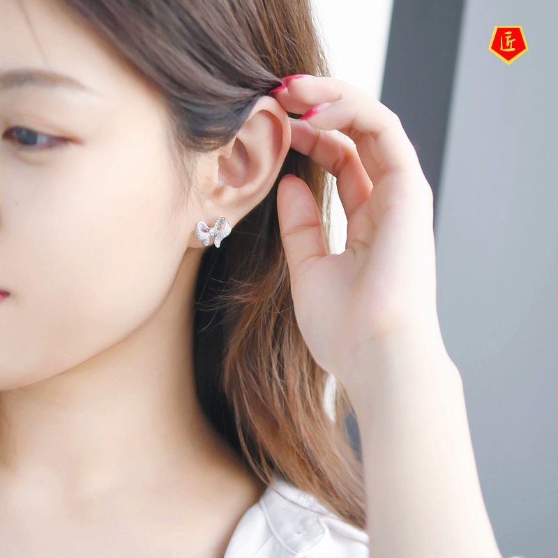 [Ready Stock]18K Platinum Bow Diamond Earrings for Women