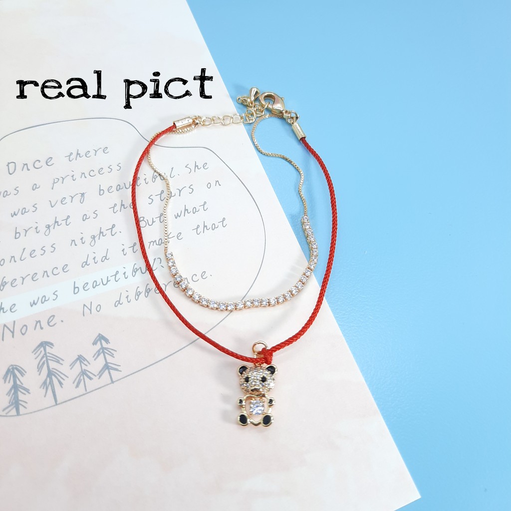 Gelang Tali Merah dan Serut Model Tali Teddy Bear Dengan Mata Zirkon Baris Plated 18K