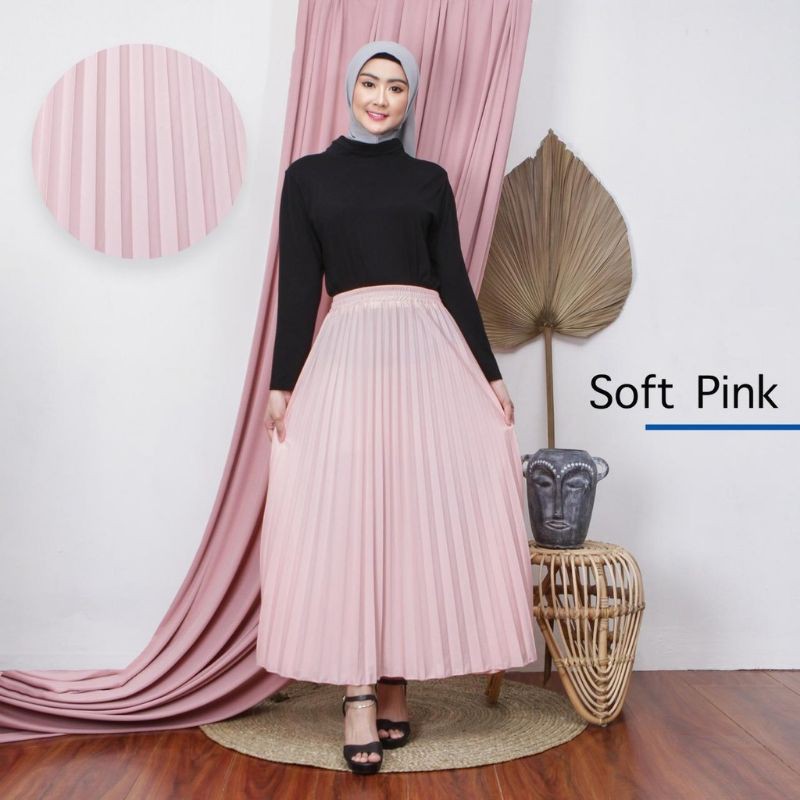 ROK PLISKET MURAH PRISKET PLEATED SALE POLOS REMPEL MUSLIMAH SKIRT ABG FLARE SKIRT MAYUNG FLOWY-SOFT PINK