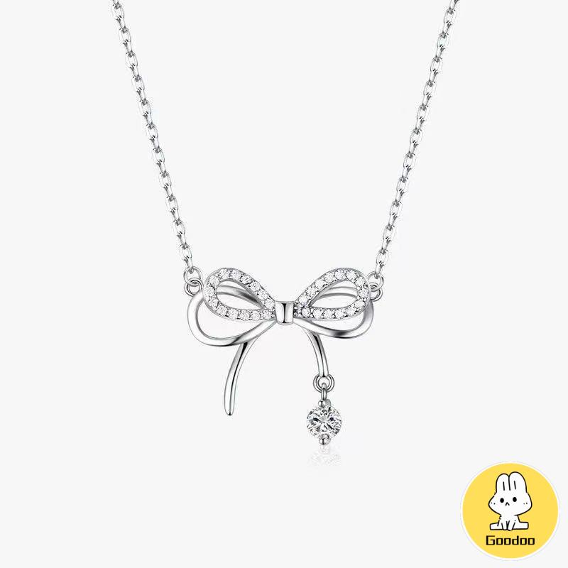 Tiga Dimensi Double-layer Kalung Busur Wanita Cahaya Mewah Niche Water Drop Rantai Tulang Selangka -Doo
