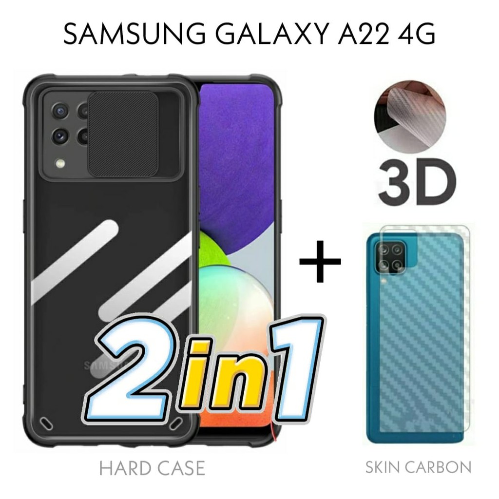 Case Samsung Galasxy A22 4G Hardcase Fusion Sliding Armor Camera Promo 2in1 Free Garskin Carbon