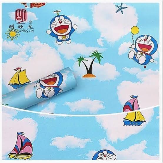 (PROMO) Gudang Wallpaper Stiker Dinding | Walpaper dinding Kamar Tidur | Doraemon Awan Bahan PVC Premium (SUDAH ADA LEM)