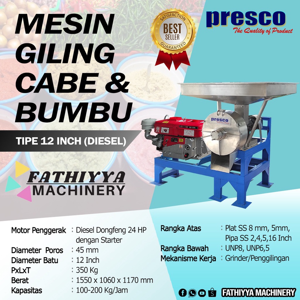 Mesin Giling Cabe & Bumbu Presco Tipe 12 Inch Penggerak Diesel dengan Starter