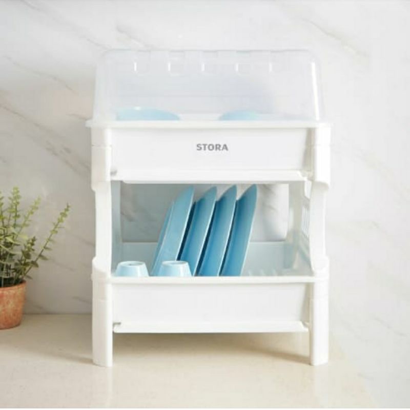 Stora / Krischef Rak Piring 2 Susun dengan Penutup / Rak Piring / Rak Dapur / Rak Piring Plastik / R