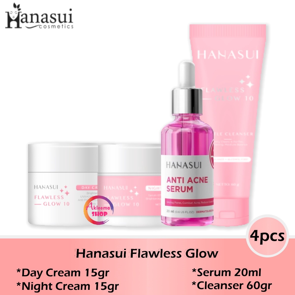 Paket Hanasui Flawless Glow 4pcs (day cream 15gr+night cream 15gr+Serum pink 20ml+Cleanser 60gr)