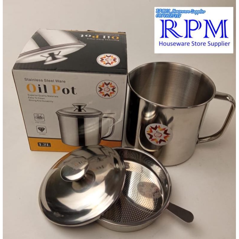 Oil Pot Stainless Steel 1.2 L Wadah Minyak Goreng Tempat Penyaring Minyak Bekas/Jelantah