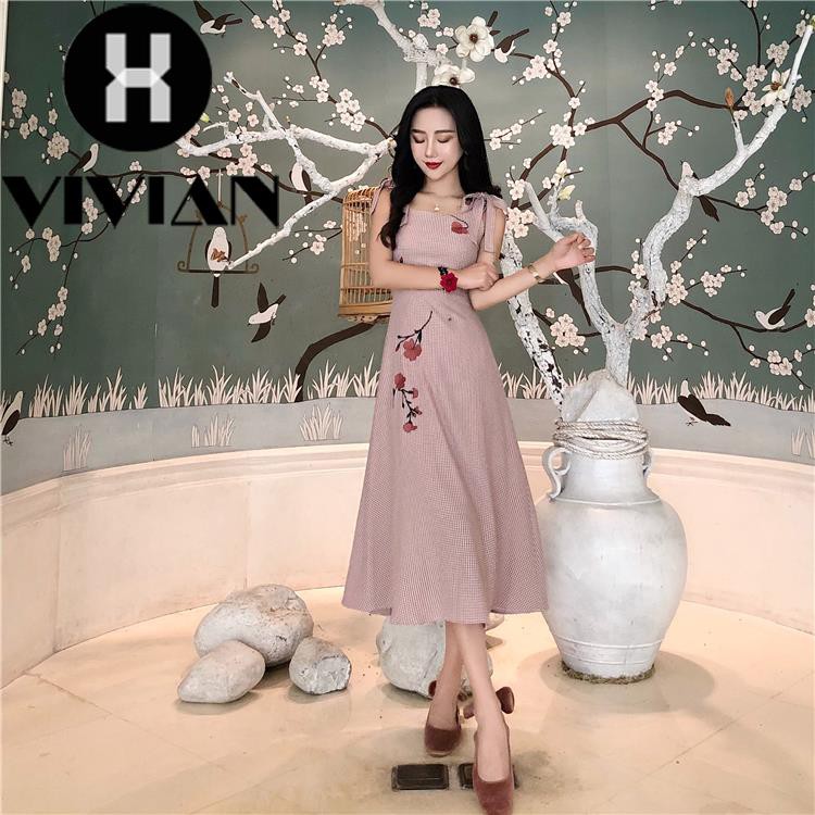 ?VIVIAN? Dress Midi Wanita Korea Tanpa Lengan Strap Pita Simpul Motif Bordir Bunga Elegan Vintage