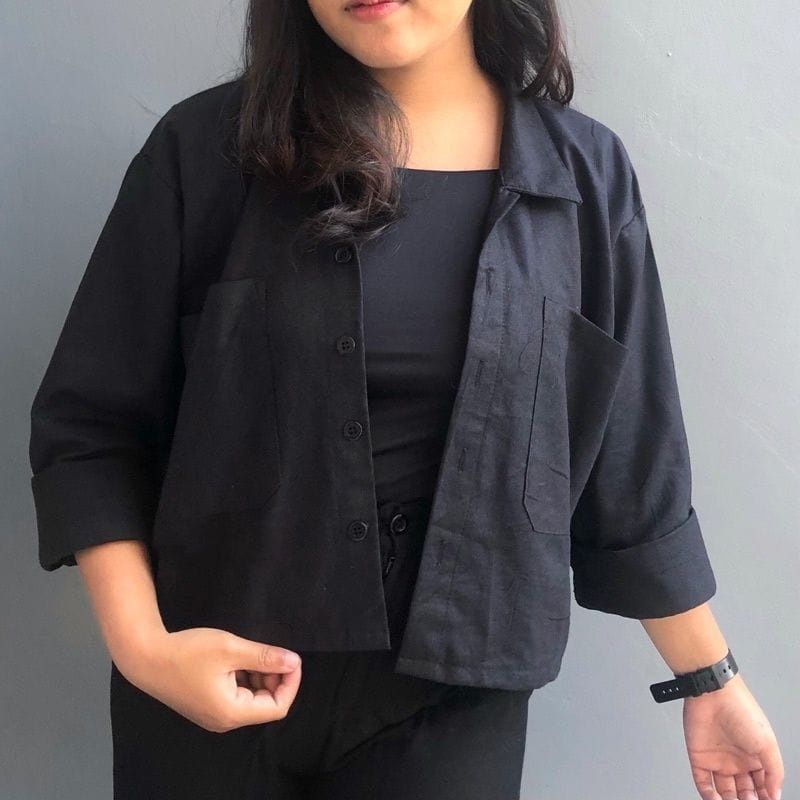Kemeja Wanita Lengan Panjang Crop top Kemeja  Oversize Shirt Polos Rami Linen Crop top-1