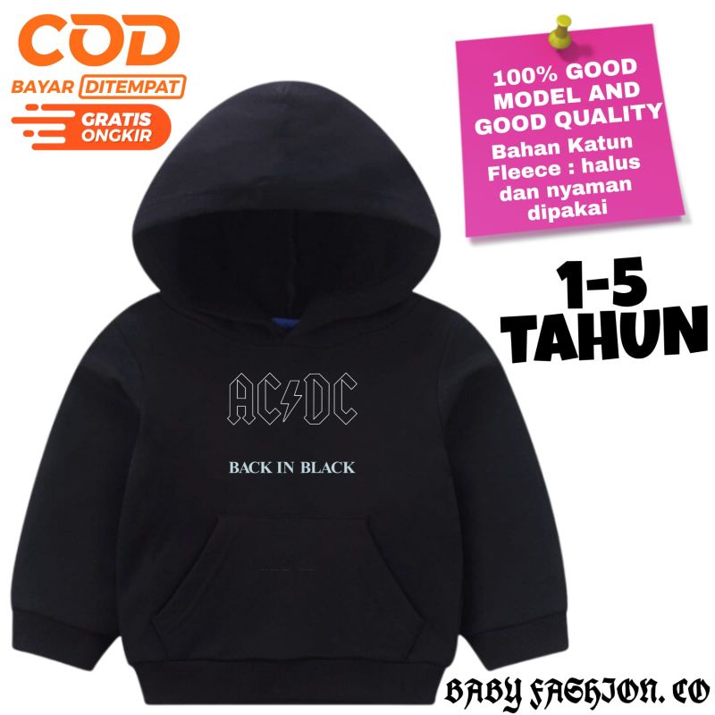 JACKET HOODIE ANAK ACDC Back In Black Band Metal - JACKET SWEATER Rock Music BABY KIDS - BAYI ANAK L