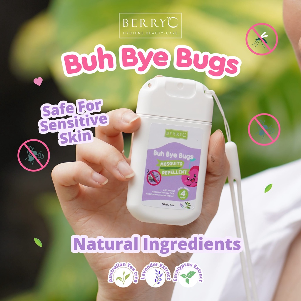 BerryC Buh Bye Bugs 30ml Mosquito Repellent Pocket Spray Anti Nyamuk Natural Antibacterial Ampuh Aman Anak dan Dewasa Kemenkes No DEET Hypoallergen Alergi sensitive skin kulit sensitif dengue dbd kutu tungau serangga natural organik impor lembut malaysia