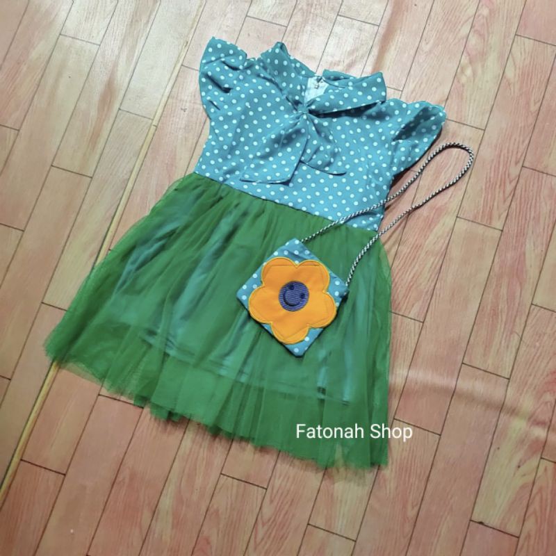 Dress anak cewek 1 2 tahun baju anak perempuan bonus tas kecil ( dress polka TAS )