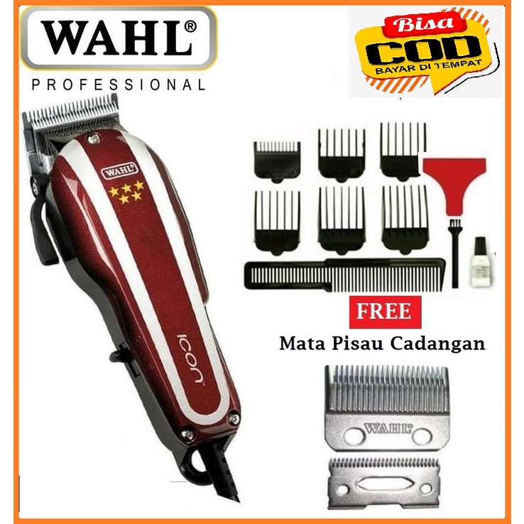 Alat Cukur Wahl Icon Merah Hair Clipper 6 Sepatu + Mata Pisau Cadangan-Merah