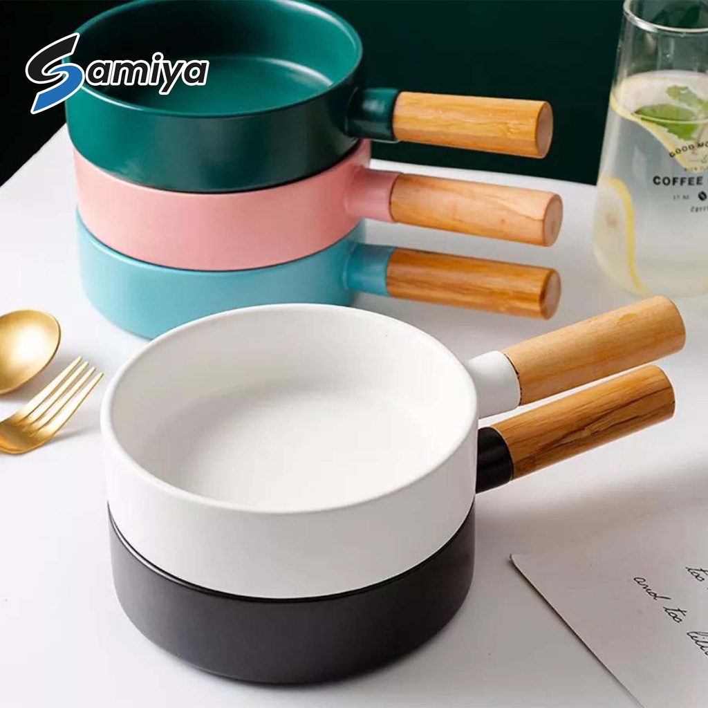 ceramic bowl korea wooden handle 420ml / piring mangkok saji salad ramen pizza bowl keramik gagang kayu / japanese rice bowl wood handle