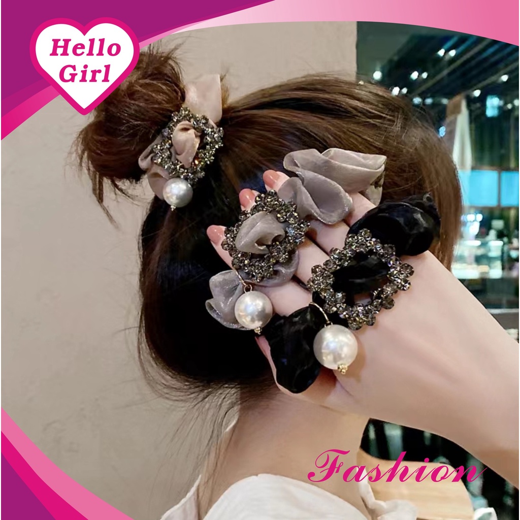 (Hello Girl)F123 Ikat Rambut Wanita Simpul Square Mutiara Gaya Korea Import