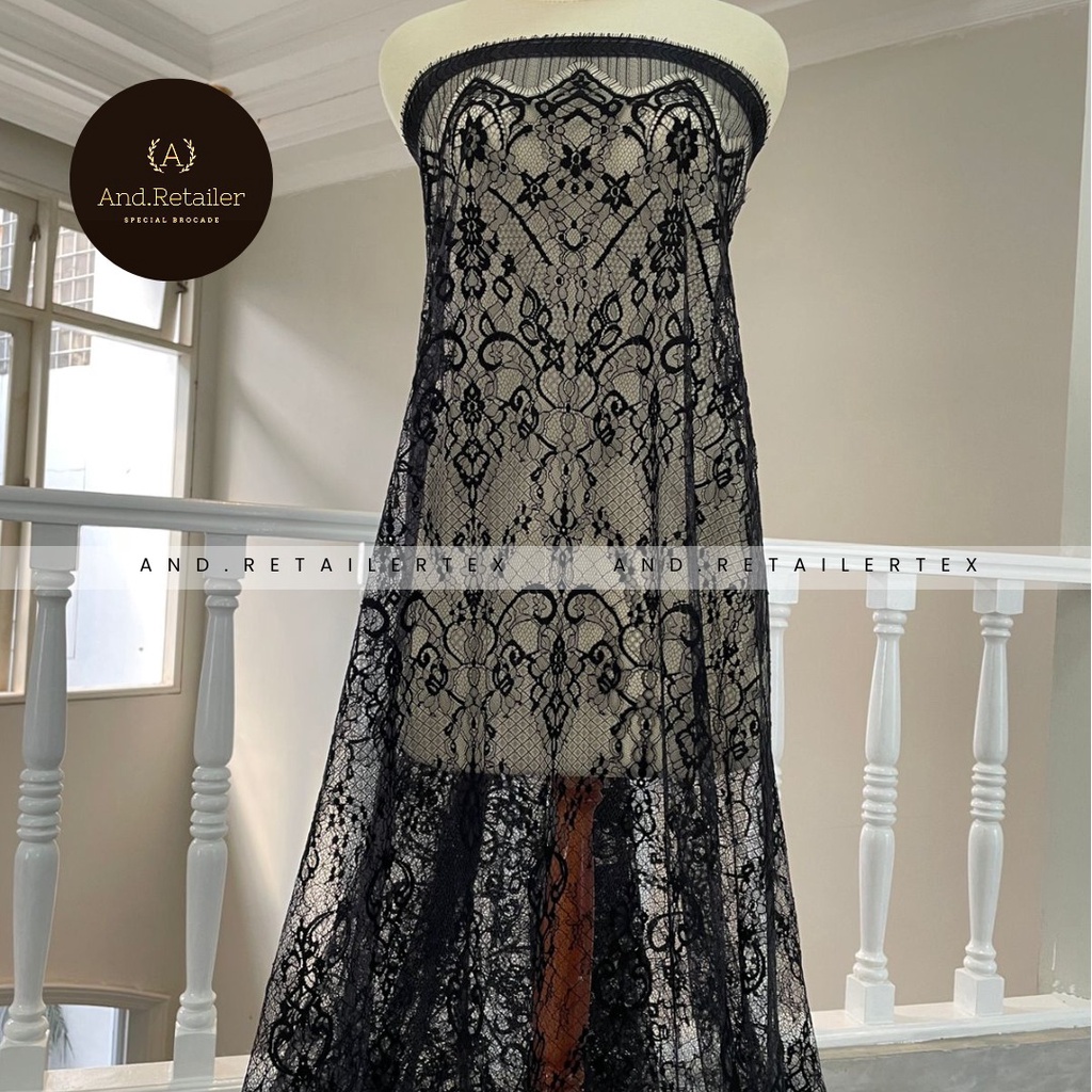 Bahan Kebaya Brokat Semi France Lace Chantily Shantily Katun Per panel 2,5m Warna Hitam Black