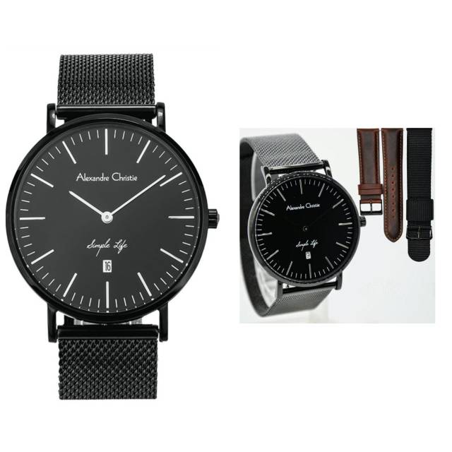 Alexandre Christie AC 8566 MD Pria paket Tali kulit Rantai Stainless Steel