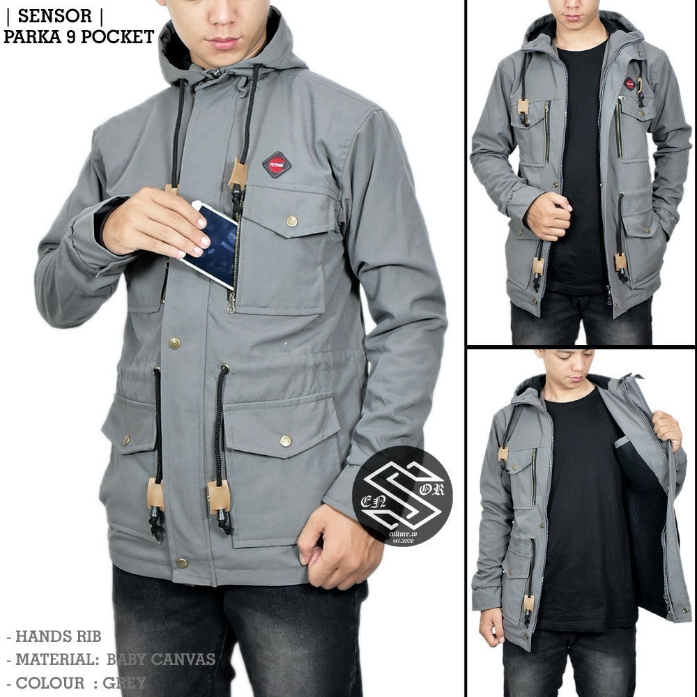 Sensor Jaket Parka Pocket Zipper Pria