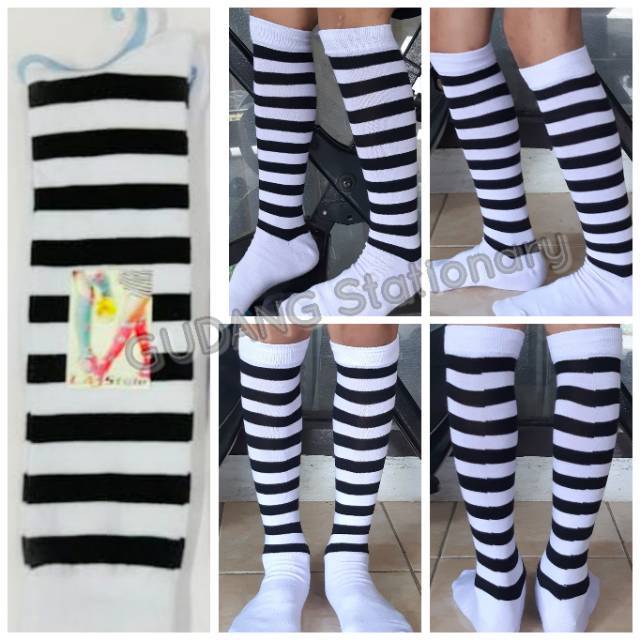 Kaos Kaki Hi Sock Fashion Salur Hitam Putih