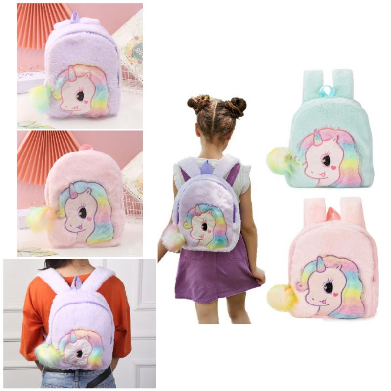 TAS RANSEL ANAK TK CEWEK UNICORN KUDA PONI BULU BONEKA
